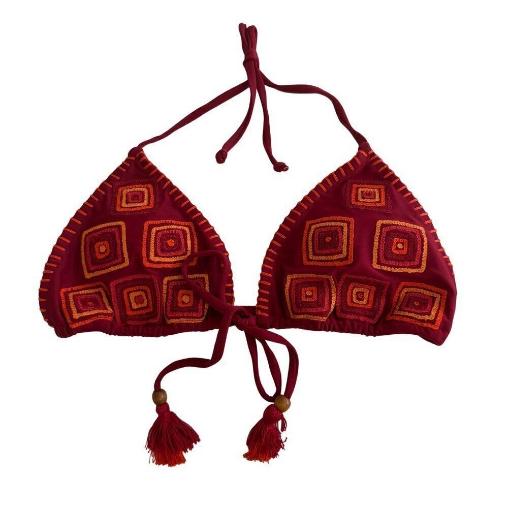 NWT WET Swimwear Sofia Embroidered Triangle Bikini Top w/ Tassels in Red